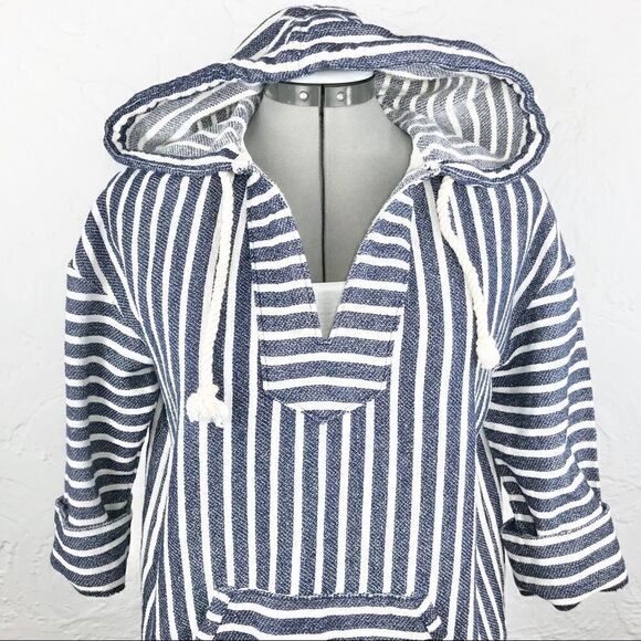 J. Crew Blue / Cream Striped Nautical Coastal Popover Beach Hoodie - Picture 13 of 16